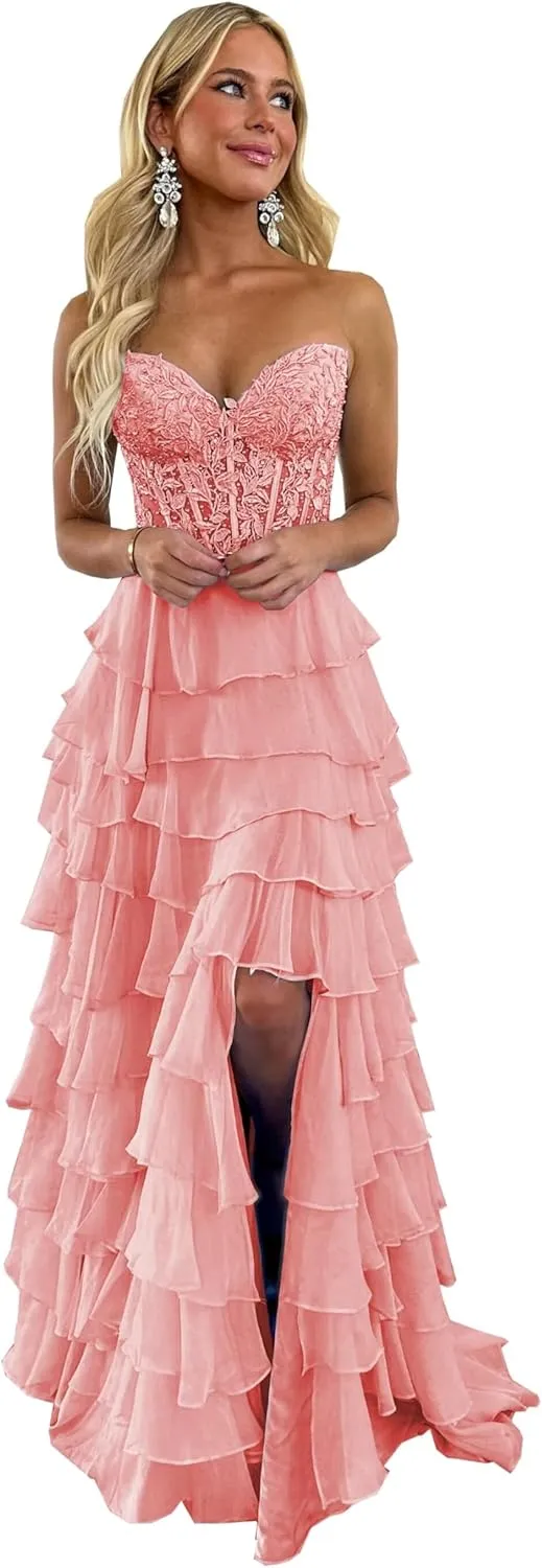 YMFFW Strapless Chiffon Long Prom Dress with Lace Corset Bodice and Ruffle Skirt A Line Evening Formal Party Dresses 2024