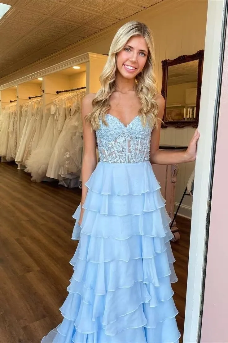 YMFFW Strapless Chiffon Long Prom Dress with Lace Corset Bodice and Ruffle Skirt A Line Evening Formal Party Dresses 2024