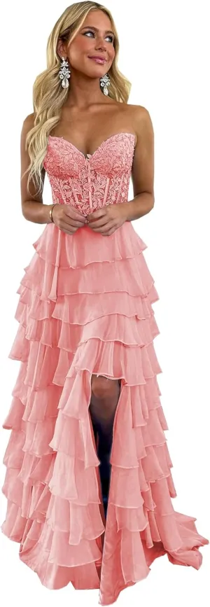 YMFFW Strapless Chiffon Long Prom Dress with Lace Corset Bodice and Ruffle Skirt A Line Evening Formal Party Dresses 2024