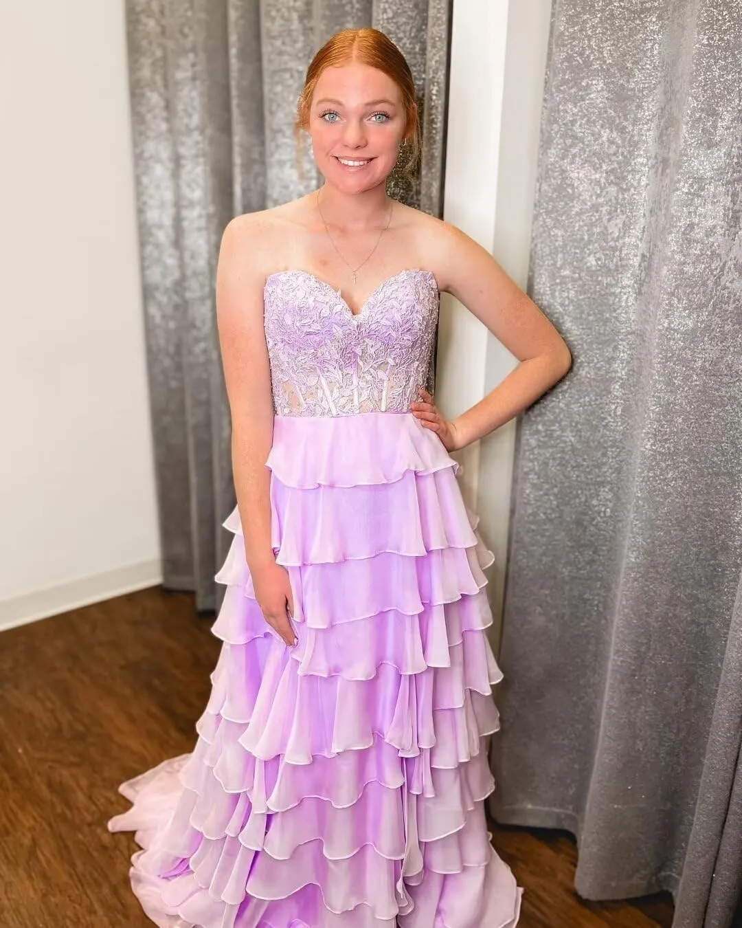 YMFFW Strapless Chiffon Long Prom Dress with Lace Corset Bodice and Ruffle Skirt A Line Evening Formal Party Dresses 2024