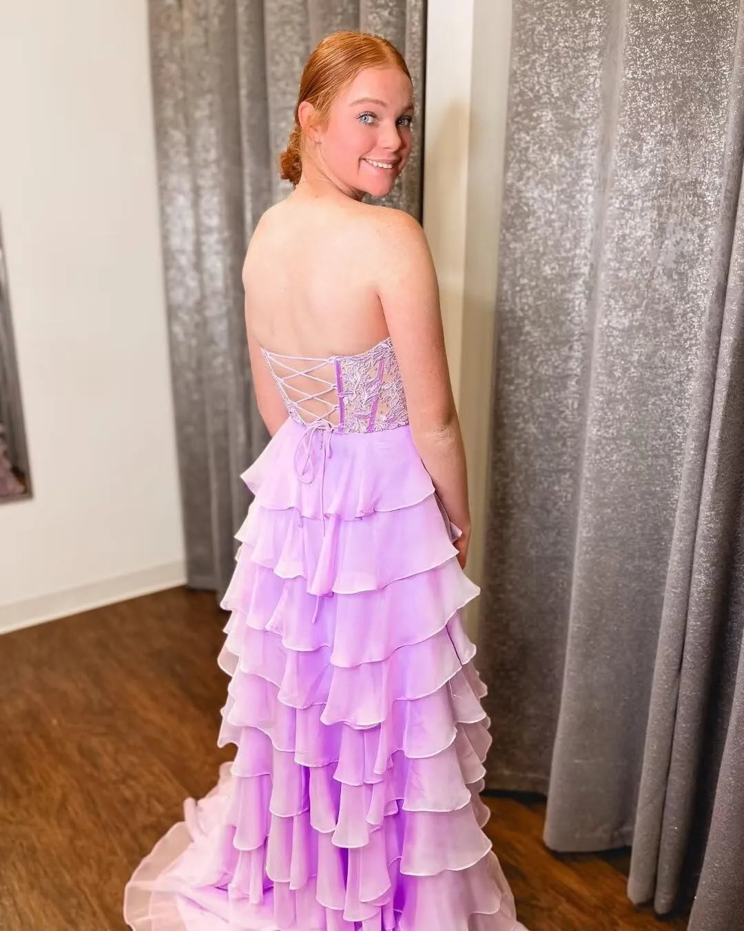 YMFFW Strapless Chiffon Long Prom Dress with Lace Corset Bodice and Ruffle Skirt A Line Evening Formal Party Dresses 2024
