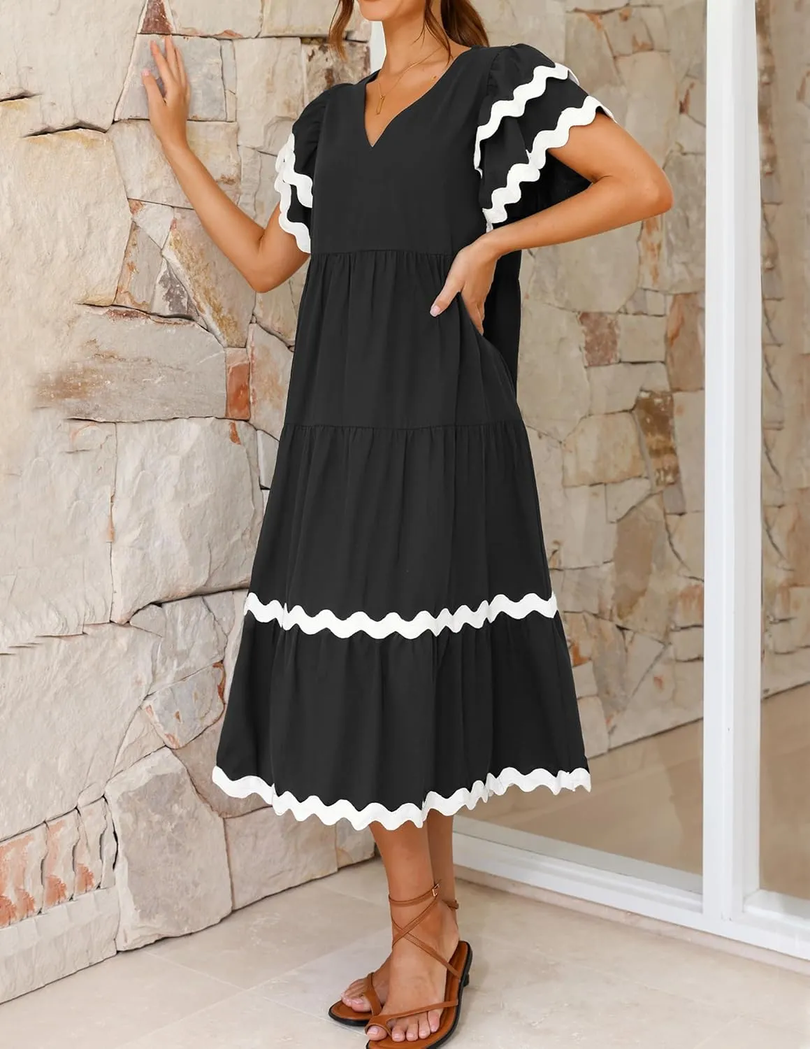 ZESICA Womens 2025 Summer Casual Midi Dresses V Neck Flutter Short Sleeve Ruffle Tiered A Line Flowy Beach Long Dress