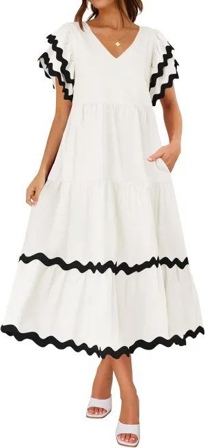 ZESICA Womens 2025 Summer Casual Midi Dresses V Neck Flutter Short Sleeve Ruffle Tiered A Line Flowy Beach Long Dress