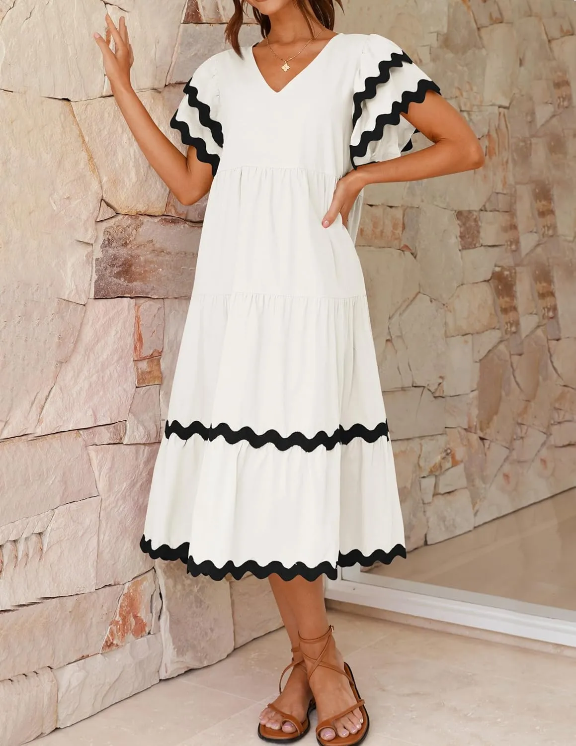 ZESICA Womens 2025 Summer Casual Midi Dresses V Neck Flutter Short Sleeve Ruffle Tiered A Line Flowy Beach Long Dress