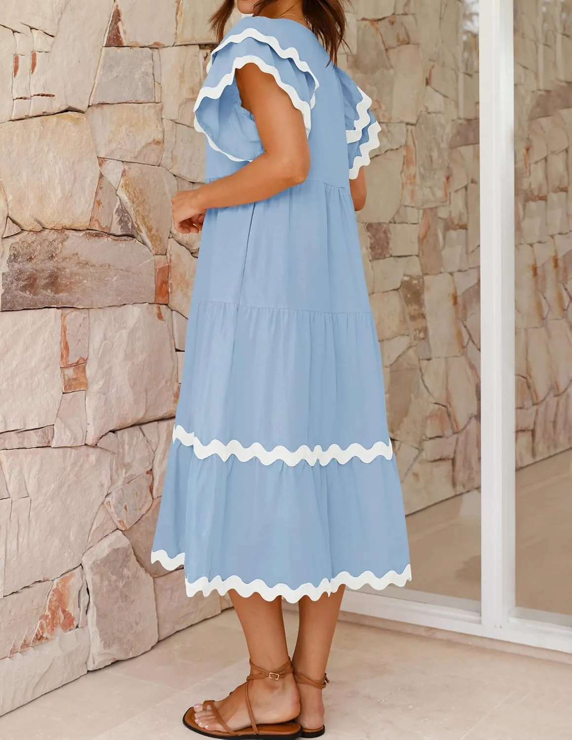 ZESICA Womens 2025 Summer Casual Midi Dresses V Neck Flutter Short Sleeve Ruffle Tiered A Line Flowy Beach Long Dress