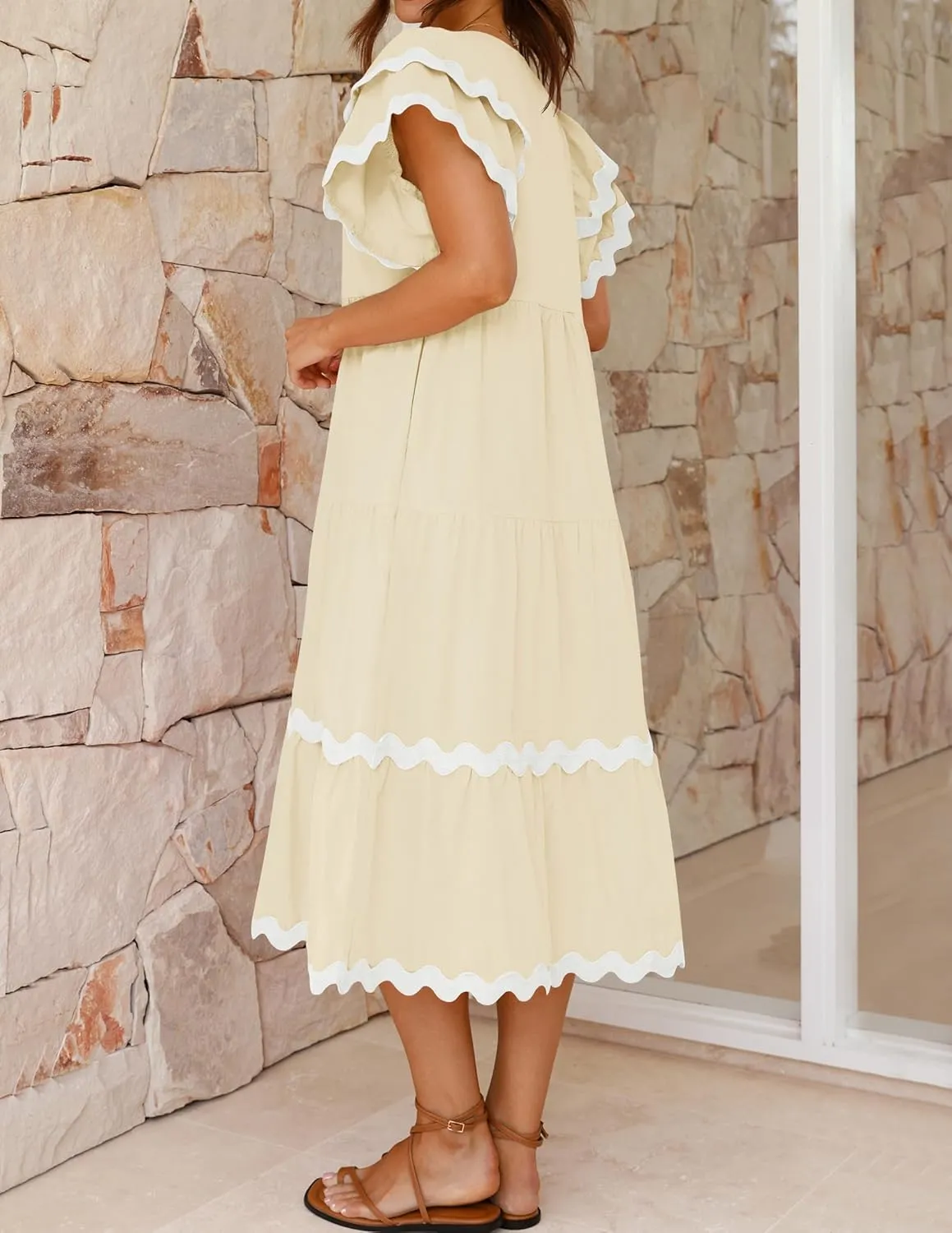 ZESICA Womens 2025 Summer Casual Midi Dresses V Neck Flutter Short Sleeve Ruffle Tiered A Line Flowy Beach Long Dress