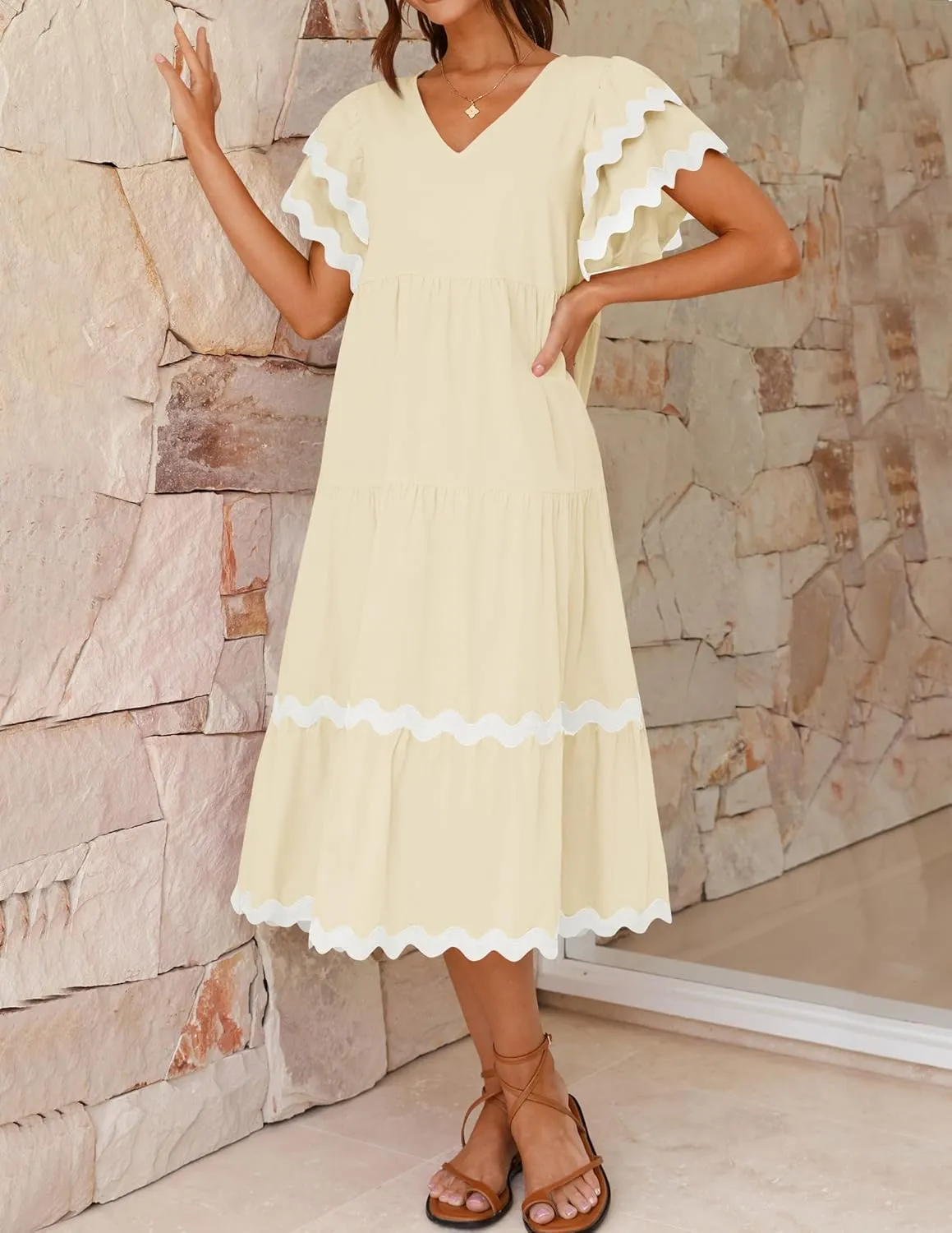 ZESICA Womens 2025 Summer Casual Midi Dresses V Neck Flutter Short Sleeve Ruffle Tiered A Line Flowy Beach Long Dress