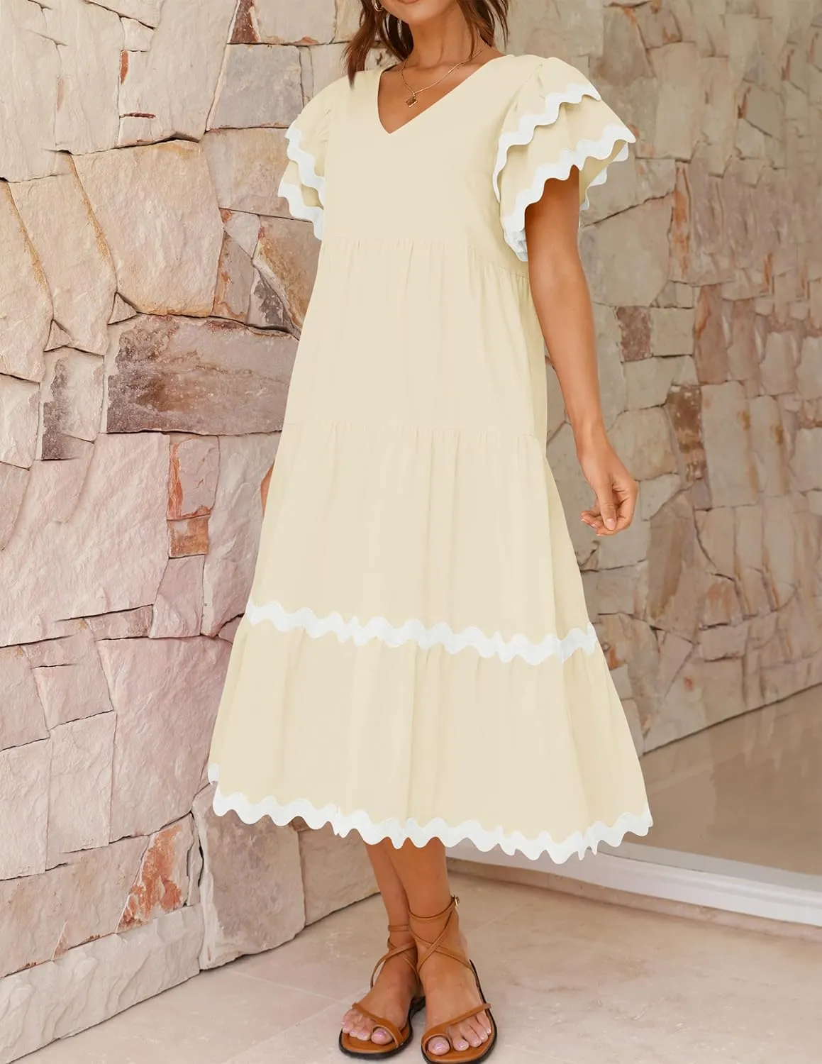 ZESICA Womens 2025 Summer Casual Midi Dresses V Neck Flutter Short Sleeve Ruffle Tiered A Line Flowy Beach Long Dress