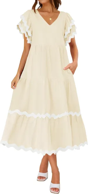 ZESICA Womens 2025 Summer Casual Midi Dresses V Neck Flutter Short Sleeve Ruffle Tiered A Line Flowy Beach Long Dress