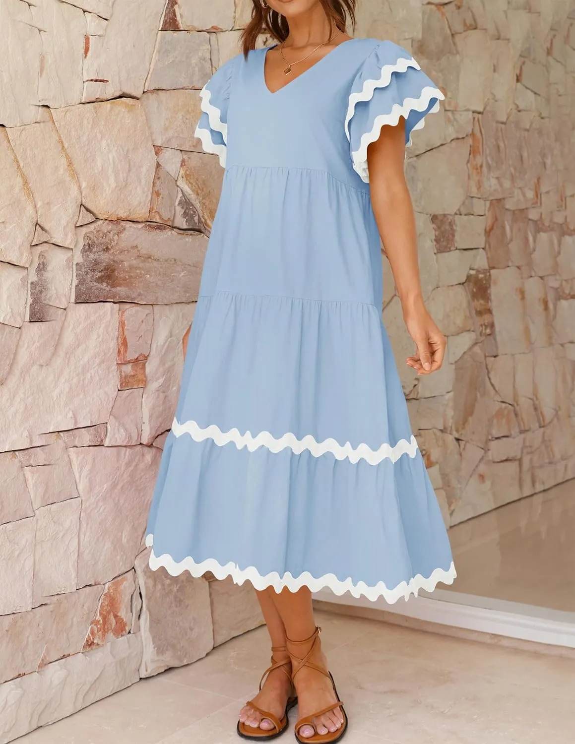 ZESICA Womens 2025 Summer Casual Midi Dresses V Neck Flutter Short Sleeve Ruffle Tiered A Line Flowy Beach Long Dress