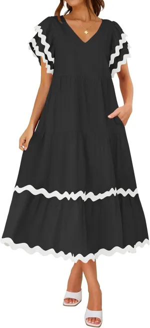 ZESICA Womens 2025 Summer Casual Midi Dresses V Neck Flutter Short Sleeve Ruffle Tiered A Line Flowy Beach Long Dress