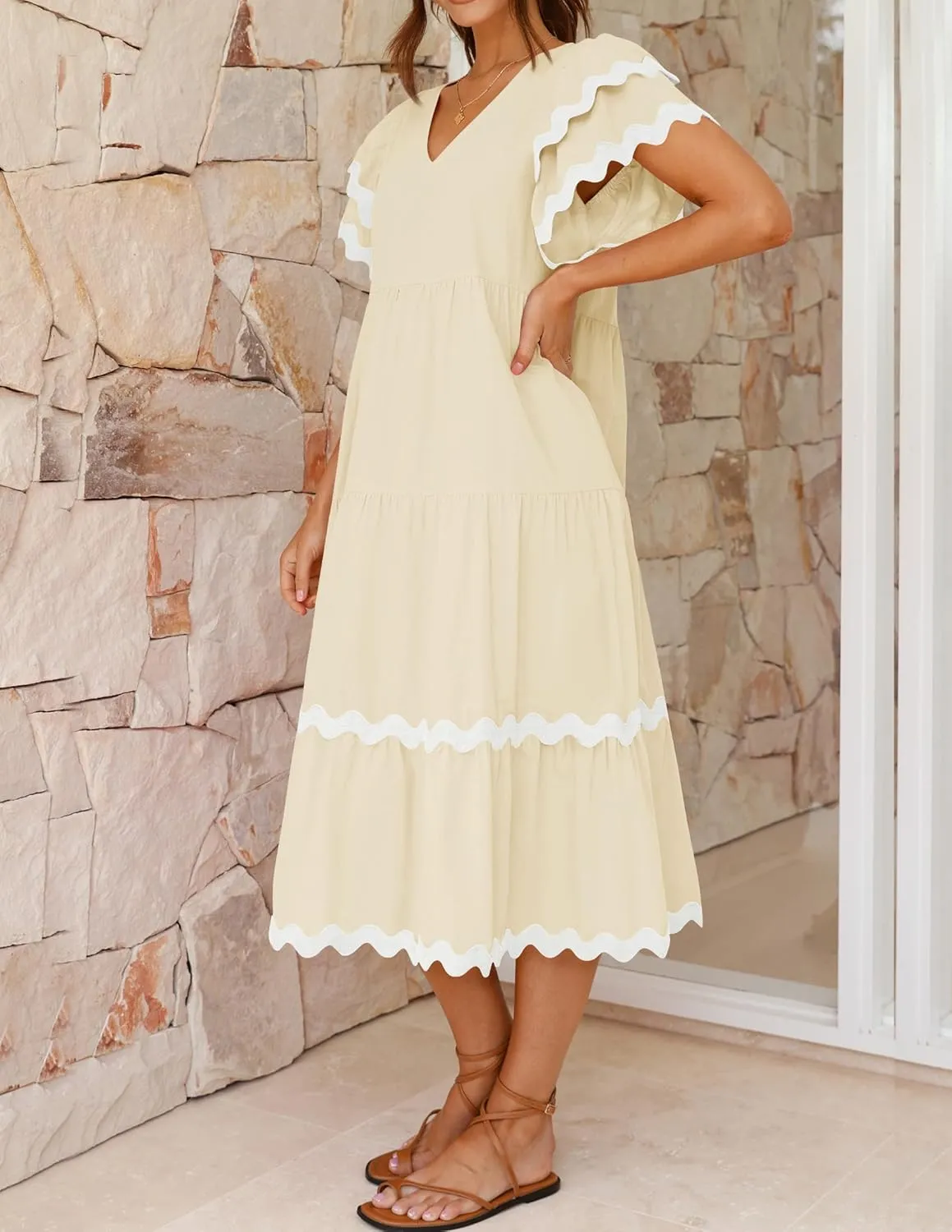 ZESICA Womens 2025 Summer Casual Midi Dresses V Neck Flutter Short Sleeve Ruffle Tiered A Line Flowy Beach Long Dress