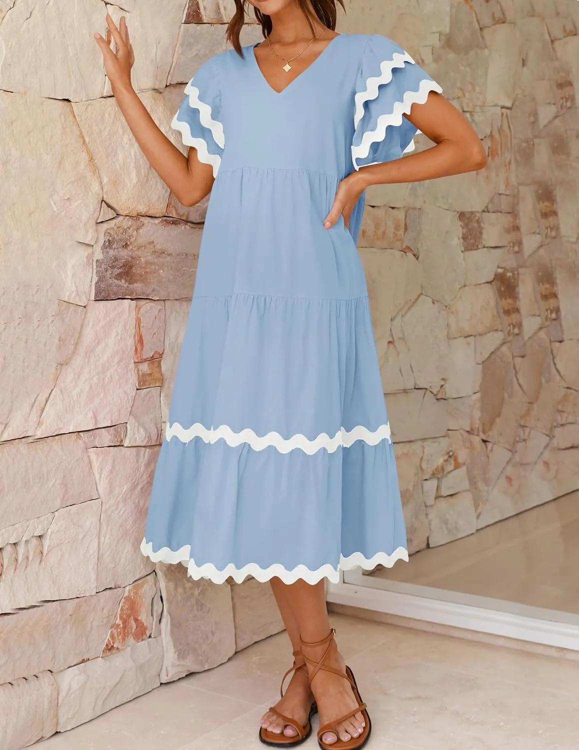 ZESICA Womens 2025 Summer Casual Midi Dresses V Neck Flutter Short Sleeve Ruffle Tiered A Line Flowy Beach Long Dress