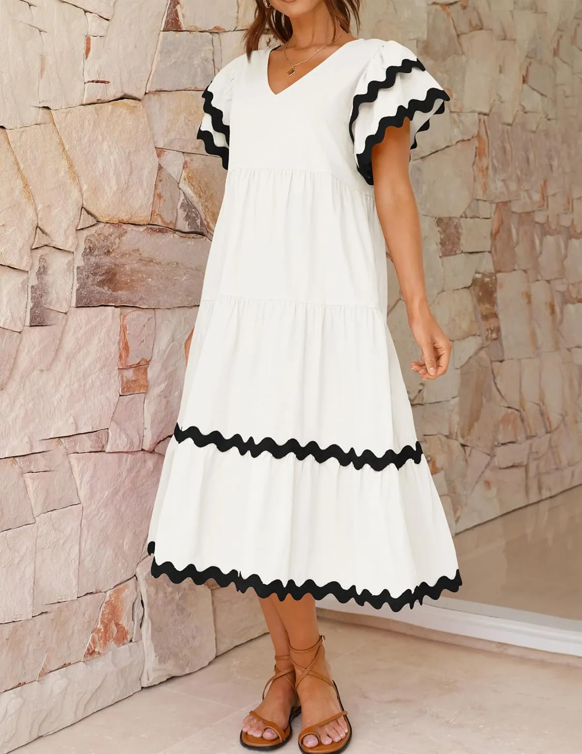 ZESICA Womens 2025 Summer Casual Midi Dresses V Neck Flutter Short Sleeve Ruffle Tiered A Line Flowy Beach Long Dress