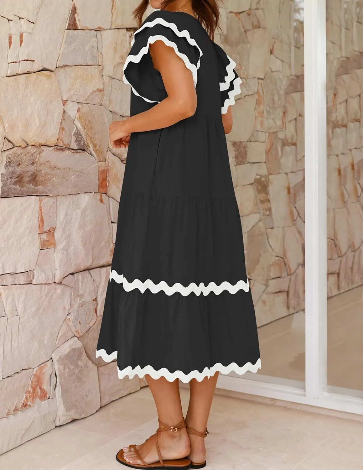 ZESICA Womens 2025 Summer Casual Midi Dresses V Neck Flutter Short Sleeve Ruffle Tiered A Line Flowy Beach Long Dress