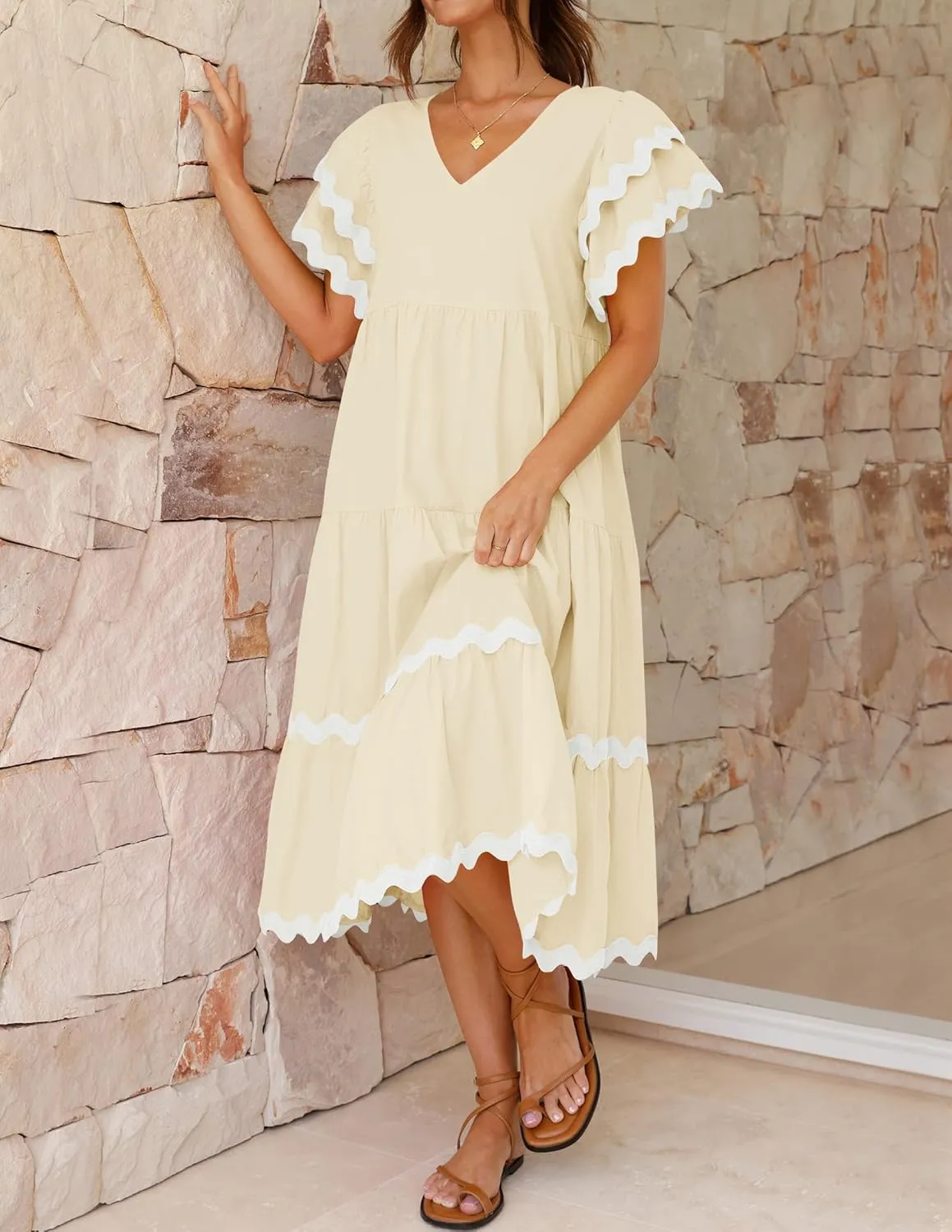 ZESICA Womens 2025 Summer Casual Midi Dresses V Neck Flutter Short Sleeve Ruffle Tiered A Line Flowy Beach Long Dress
