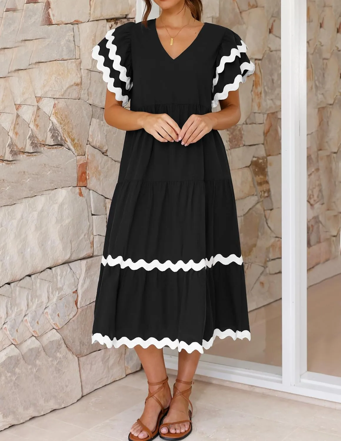 ZESICA Womens 2025 Summer Casual Midi Dresses V Neck Flutter Short Sleeve Ruffle Tiered A Line Flowy Beach Long Dress