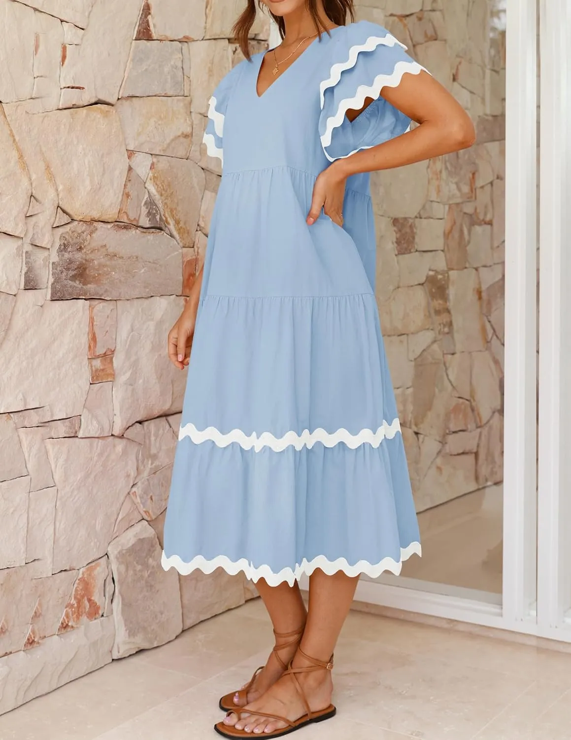 ZESICA Womens 2025 Summer Casual Midi Dresses V Neck Flutter Short Sleeve Ruffle Tiered A Line Flowy Beach Long Dress