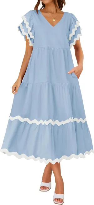 ZESICA Womens 2025 Summer Casual Midi Dresses V Neck Flutter Short Sleeve Ruffle Tiered A Line Flowy Beach Long Dress