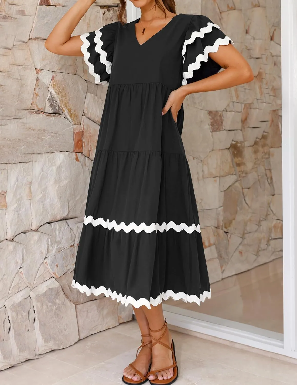 ZESICA Womens 2025 Summer Casual Midi Dresses V Neck Flutter Short Sleeve Ruffle Tiered A Line Flowy Beach Long Dress
