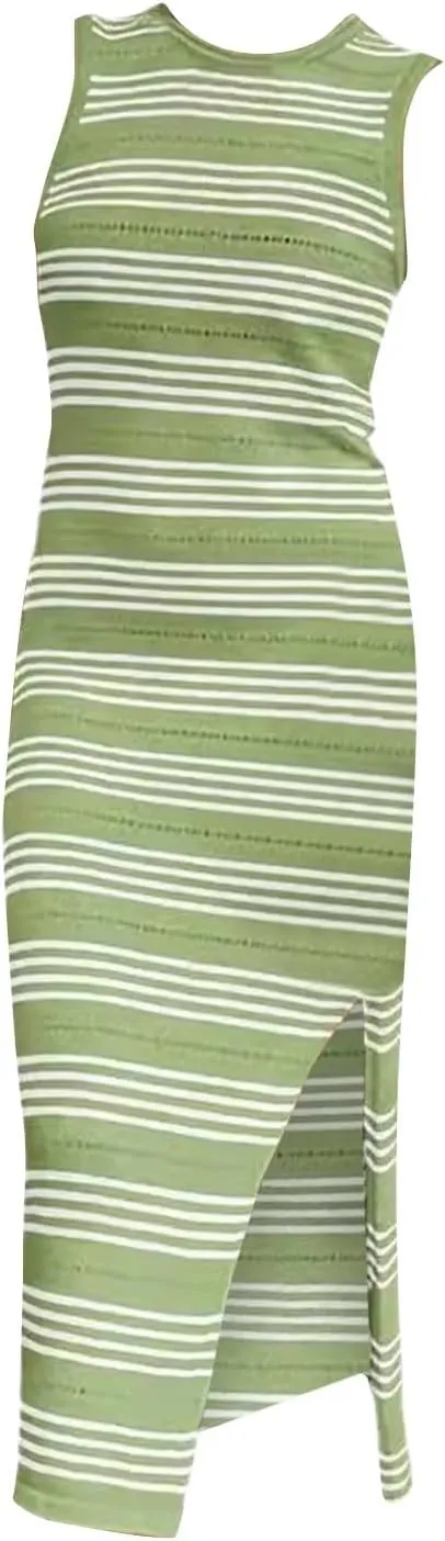 ZYXTIM Women Knit Casual Maxi Dress Side Slit Stripe Sleeveless Sundress 2024 Casual Bodycon Maxi Dresses Summer Beach Dress