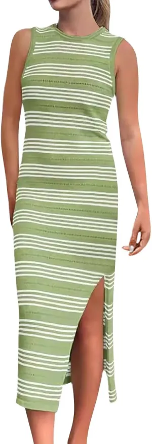 ZYXTIM Women Knit Casual Maxi Dress Side Slit Stripe Sleeveless Sundress 2024 Casual Bodycon Maxi Dresses Summer Beach Dress